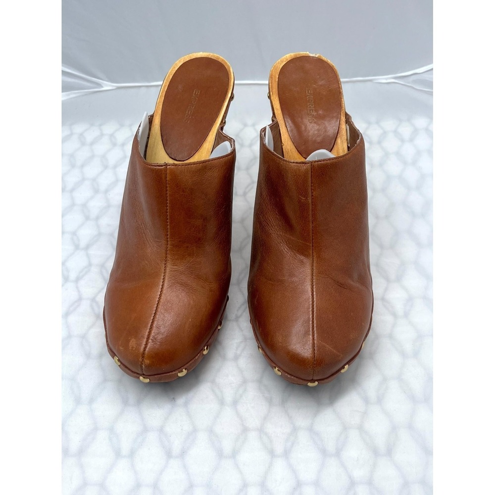 Y2K Express Womens 8.5 Clog Mule Brown Leather Closed Toe Wooden Block Heel